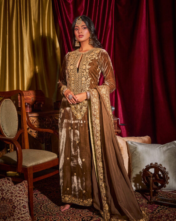 Brown organza dupatta with dori embroidery